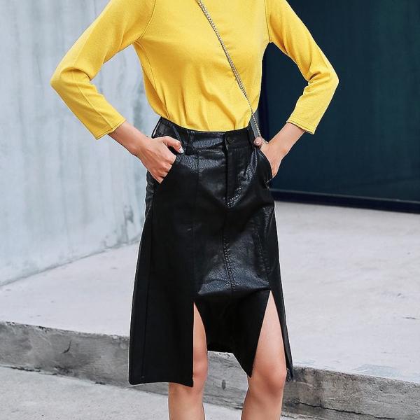 レディース　PUレザー　スカート　ハイウエスト　スリット　タイト　スリム　ひざ丈　ミディ丈　秋　冬　ボトムス　カジュアル　キュート　大人　可愛い　フェミニン　きれいめ　おしゃれ　お出かけ　デイリー　二次会　お呼ばれ　ブラック　S　M　L　サイズ　送料無料