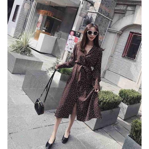 レディース　ワンピース　水玉　レトロ　シック　スリット　ミモレ丈　長袖　カジュアル　大人可愛い　フェミニン　オフィス　お出かけ　デート　デイリー　ブラウン　S　M　L　送料無料