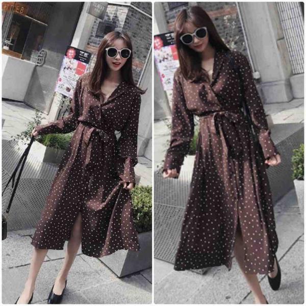 レディース　ワンピース　水玉　レトロ　シック　スリット　ミモレ丈　長袖　カジュアル　大人可愛い　フェミニン　オフィス　お出かけ　デート　デイリー　ブラウン　S　M　L　送料無料