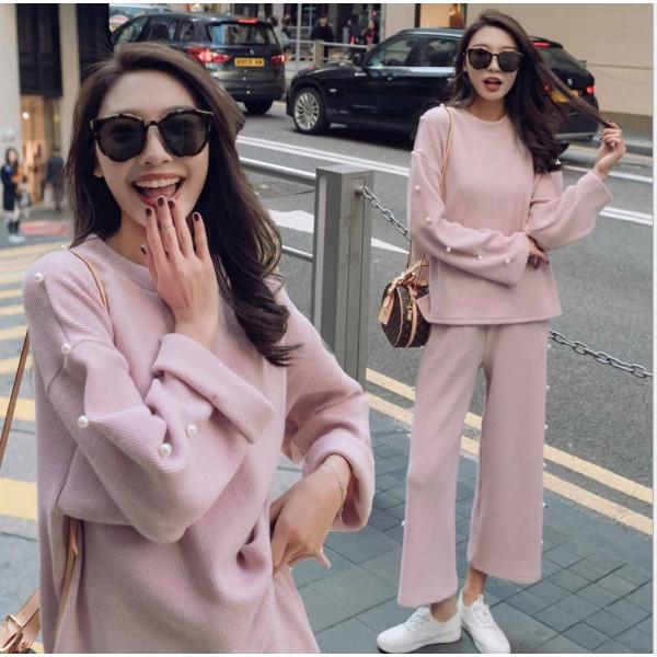 レディース　セットアップ　上下セット　長袖トップス　トレーナー　ロングパンツ　無地　カジュアル　大人可愛い　フェミニン　ルームウェア　お出かけ　デート　デイリー　ピンク　S　M　L　送料無料
