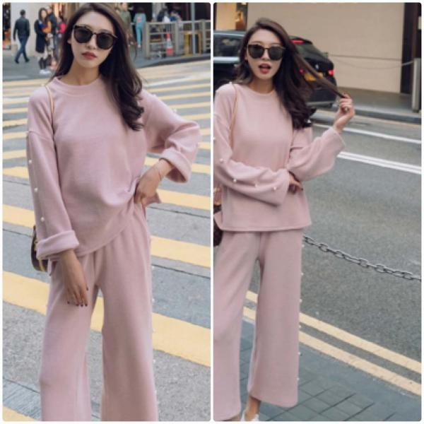 レディース　セットアップ　上下セット　長袖トップス　トレーナー　ロングパンツ　無地　カジュアル　大人可愛い　フェミニン　ルームウェア　お出かけ　デート　デイリー　ピンク　S　M　L　送料無料