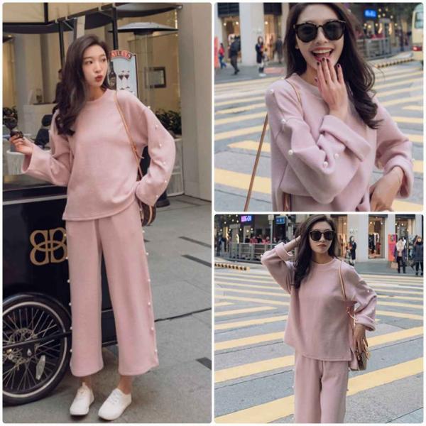レディース　セットアップ　上下セット　長袖トップス　トレーナー　ロングパンツ　無地　カジュアル　大人可愛い　フェミニン　ルームウェア　お出かけ　デート　デイリー　ピンク　S　M　L　送料無料