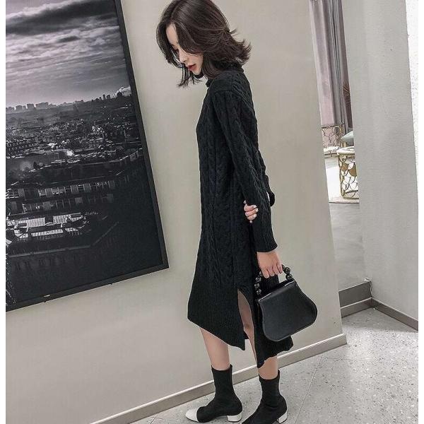 レディース　ワンピース　ニット　ロングワンピ　スリット　長袖　タートルネック　無地　カジュアル　大人可愛い　フェミニン　お出かけ　デート　デイリー　ブラック　ホワイト　ブラウン　フリー　送料無料