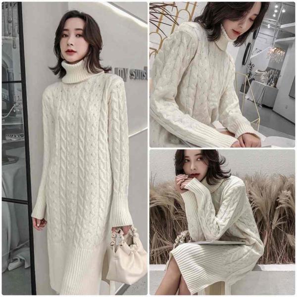 レディース　ワンピース　ニット　ロングワンピ　スリット　長袖　タートルネック　無地　カジュアル　大人可愛い　フェミニン　お出かけ　デート　デイリー　ブラック　ホワイト　ブラウン　フリー　送料無料