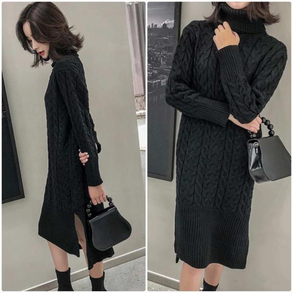 レディース　ワンピース　ニット　ロングワンピ　スリット　長袖　タートルネック　無地　カジュアル　大人可愛い　フェミニン　お出かけ　デート　デイリー　ブラック　ホワイト　ブラウン　フリー　送料無料