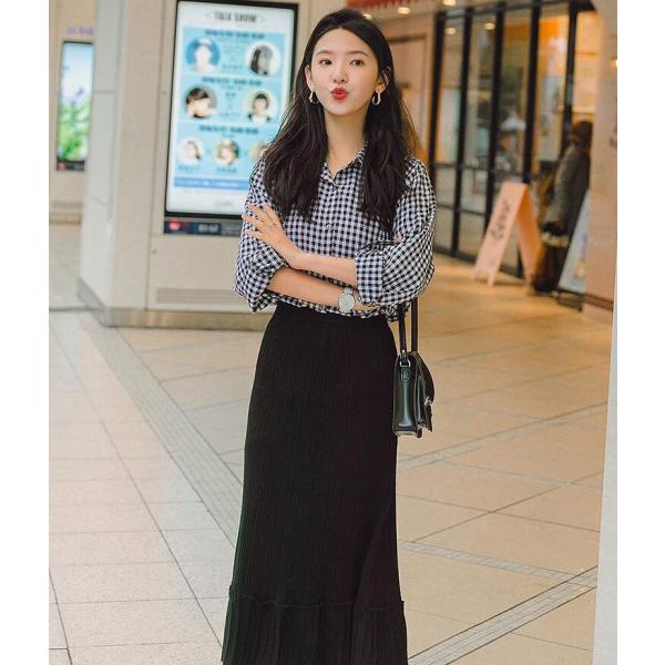 レディース　ツーピース　上下セット　長袖シャツ　ロングスカート　チェック　無地　カジュアル　大人可愛い　フェミニン　オフィス　お出かけ　デート　デイリー　ブラック　S　M　L　送料無料
