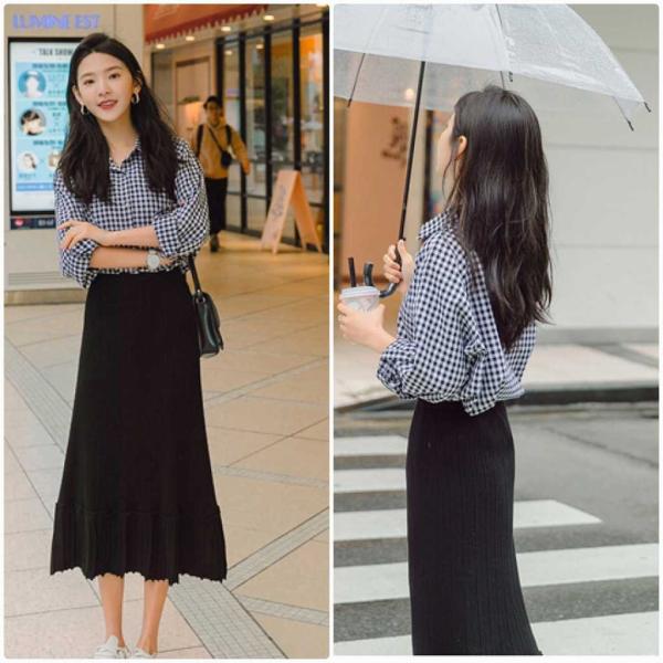 レディース　ツーピース　上下セット　長袖シャツ　ロングスカート　チェック　無地　カジュアル　大人可愛い　フェミニン　オフィス　お出かけ　デート　デイリー　ブラック　S　M　L　送料無料