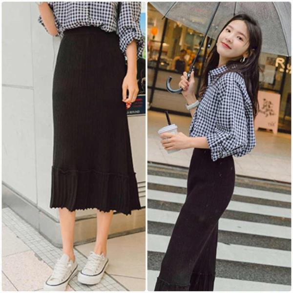 レディース　ツーピース　上下セット　長袖シャツ　ロングスカート　チェック　無地　カジュアル　大人可愛い　フェミニン　オフィス　お出かけ　デート　デイリー　ブラック　S　M　L　送料無料