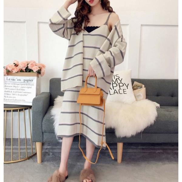 レディース　2点セット　ノースリーブ　ワンピース　ニットワンピ　カーディガン　長袖　ボーダー　カジュアル　キュート　可愛い　フェミニン　きれいめ　おしゃれ　お出かけ　デイリー　普段着　ホワイト　フリーサイズ　ワンサイズ　送料無料