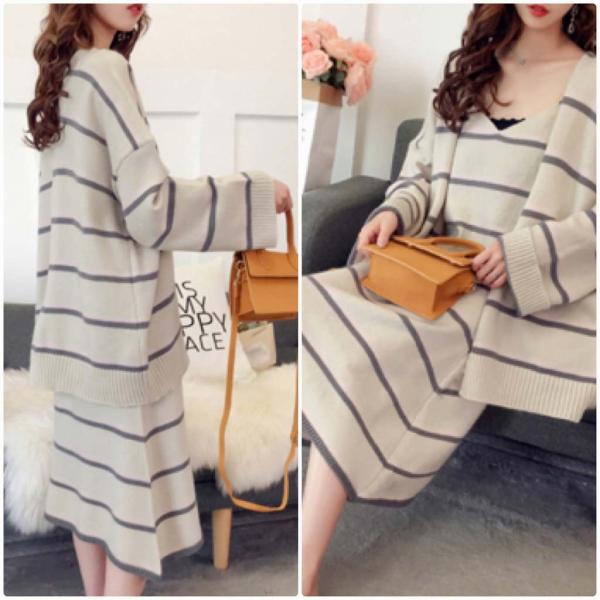 レディース　2点セット　ノースリーブ　ワンピース　ニットワンピ　カーディガン　長袖　ボーダー　カジュアル　キュート　可愛い　フェミニン　きれいめ　おしゃれ　お出かけ　デイリー　普段着　ホワイト　フリーサイズ　ワンサイズ　送料無料