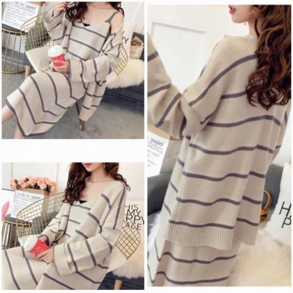 レディース　2点セット　ノースリーブ　ワンピース　ニットワンピ　カーディガン　長袖　ボーダー　カジュアル　キュート　可愛い　フェミニン　きれいめ　おしゃれ　お出かけ　デイリー　普段着　ホワイト　フリーサイズ　ワンサイズ　送料無料