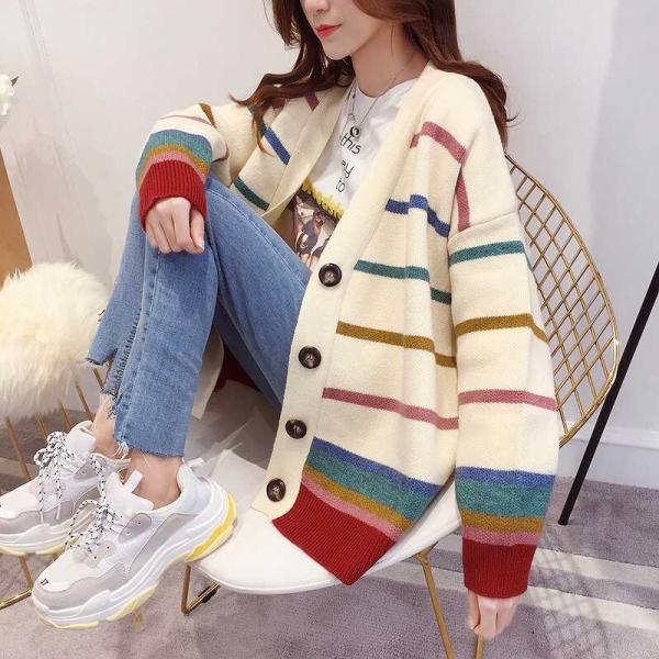 レディース　カーディガン　ニット　シンプル　ボーダー　セーター　ジャケット　アウター　羽織　長袖　トップス　カジュアル　キュート　大人　可愛い　大人女子　フェミニン　おしゃれ　お出かけ　オフィス　デイリー　ブラウン　ホワイト　フリーサイズ　送料無料