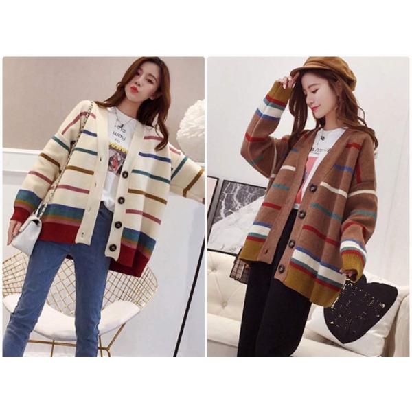 レディース　カーディガン　ニット　シンプル　ボーダー　セーター　ジャケット　アウター　羽織　長袖　トップス　カジュアル　キュート　大人　可愛い　大人女子　フェミニン　おしゃれ　お出かけ　オフィス　デイリー　ブラウン　ホワイト　フリーサイズ　送料無料