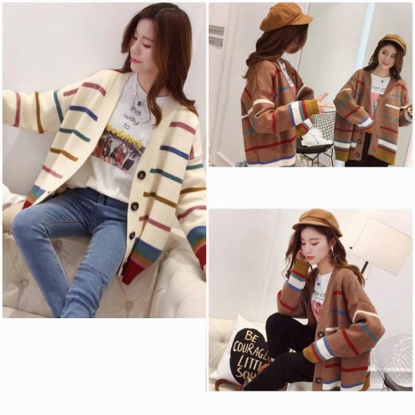レディース　カーディガン　ニット　シンプル　ボーダー　セーター　ジャケット　アウター　羽織　長袖　トップス　カジュアル　キュート　大人　可愛い　大人女子　フェミニン　おしゃれ　お出かけ　オフィス　デイリー　ブラウン　ホワイト　フリーサイズ　送料無料