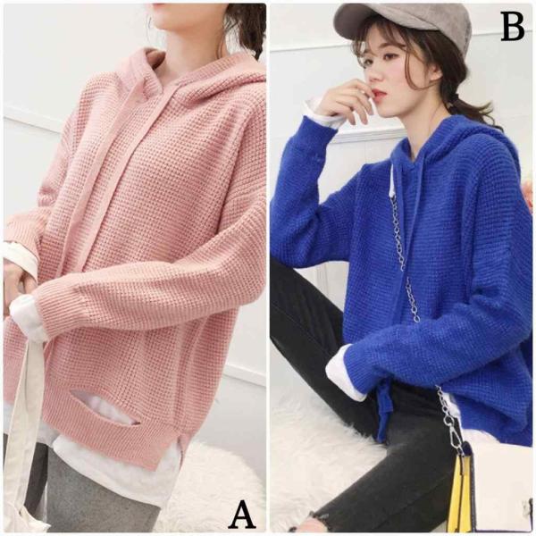 レディース　ニット　フード付き　ボーダー　プルオーバー　セーター　長袖　ゆったり　オーバーサイズ　トップス　秋　冬　カジュアル　キュート　大人　可愛い　大人女子　フェミニン　おしゃれ　お出かけ　オフィス　デイリー　ピンク　ブルー　フリーサイズ　送料無料