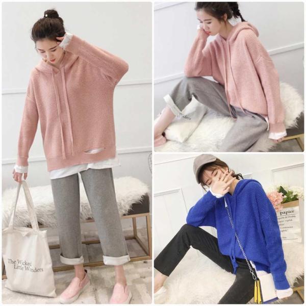 レディース　ニット　フード付き　ボーダー　プルオーバー　セーター　長袖　ゆったり　オーバーサイズ　トップス　秋　冬　カジュアル　キュート　大人　可愛い　大人女子　フェミニン　おしゃれ　お出かけ　オフィス　デイリー　ピンク　ブルー　フリーサイズ　送料無料