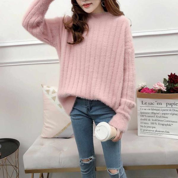 レディース　ニット　ボーダー　プルオーバー　セーター　長袖　ゆったり　あったか　トップス　秋　冬　カジュアル　キュート　大人　可愛い　大人女子　フェミニン　おしゃれ　お出かけ　オフィス　デイリー　ピンク　ブルー　ホワイト　ベージュ　ブラック　送料無料