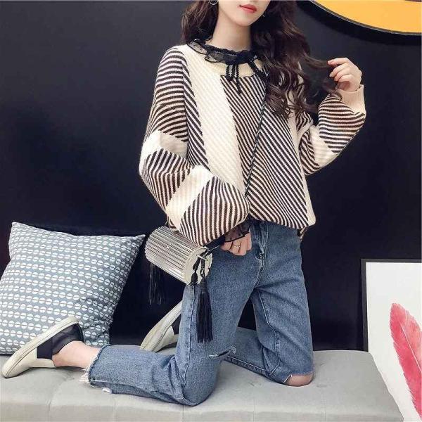 レディース　ニット　ボーダー　プルオーバー　セーター　長袖　ゆったり　あったか　トップス　秋　冬　カジュアル　キュート　大人　可愛い　大人女子　フェミニン　おしゃれ　お出かけ　オフィス　デイリー　カーキ　ネイビー　フリーサイズ　送料無料