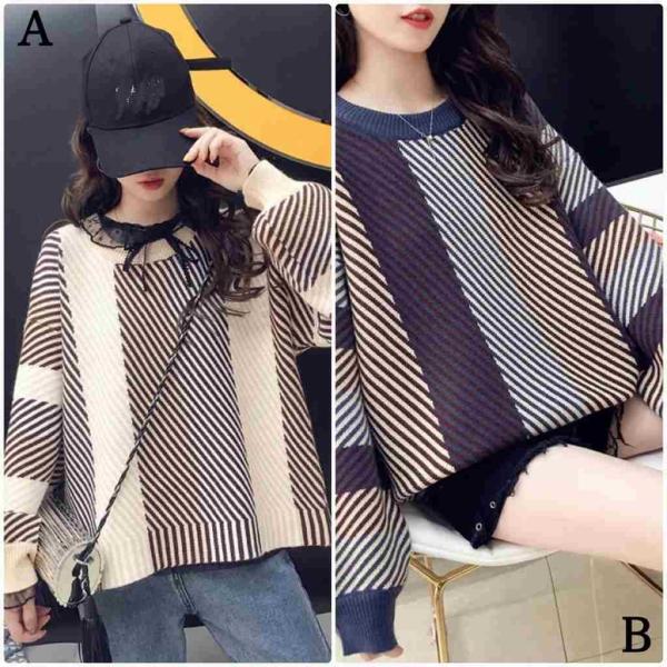 レディース　ニット　ボーダー　プルオーバー　セーター　長袖　ゆったり　あったか　トップス　秋　冬　カジュアル　キュート　大人　可愛い　大人女子　フェミニン　おしゃれ　お出かけ　オフィス　デイリー　カーキ　ネイビー　フリーサイズ　送料無料