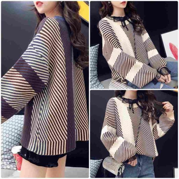 レディース　ニット　ボーダー　プルオーバー　セーター　長袖　ゆったり　あったか　トップス　秋　冬　カジュアル　キュート　大人　可愛い　大人女子　フェミニン　おしゃれ　お出かけ　オフィス　デイリー　カーキ　ネイビー　フリーサイズ　送料無料