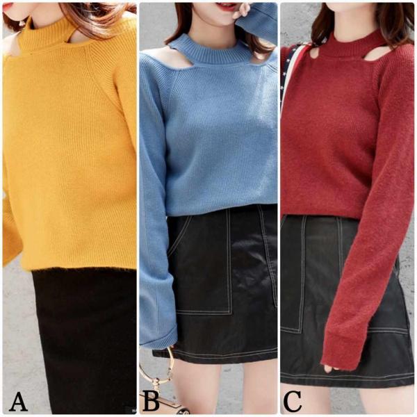 レディース　ニット　ボーダー　肩出し　肩見せ　セーター　長袖　ゆったり　トップス　秋　冬　カジュアル　キュート　大人　可愛い　大人女子　フェミニン　おしゃれ　お出かけ　デイリー　イエロー　ホワイト　レッド　ブルー　ベージュ　フリーサイズ　送料無料