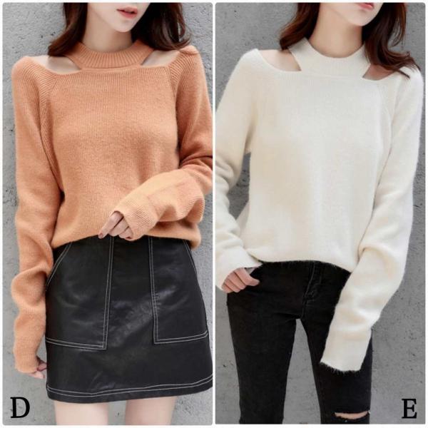 レディース　ニット　ボーダー　肩出し　肩見せ　セーター　長袖　ゆったり　トップス　秋　冬　カジュアル　キュート　大人　可愛い　大人女子　フェミニン　おしゃれ　お出かけ　デイリー　イエロー　ホワイト　レッド　ブルー　ベージュ　フリーサイズ　送料無料