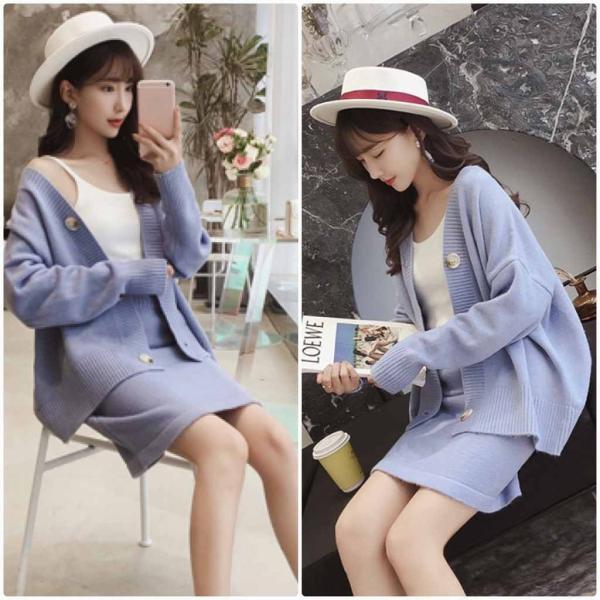 レディース　上下2点セット　カーディガン　ニットスカート　ミニ丈　長袖　カジュアル　キュート　可愛い　フェミニン　きれいめ　上品　エレガント　おしゃれ　お出かけ　オフィス　お呼ばれ　ブラック　ブルー　ホワイト　フリーサイズ　送料無料