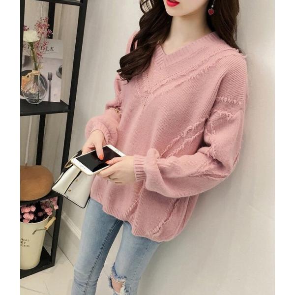 レディース　ニット　セーター　Vネック　長袖　プルオーバー　ゆったり　トップス　秋　冬　カジュアル　キュート　大人　可愛い　大人女子　フェミニン　おしゃれ　お出かけ　オフィス　デイリー　ホワイト　ブルー　ベージュ　ピンク　フリーサイズ　送料無料