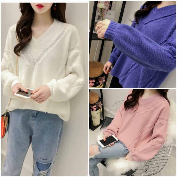 レディース　ニット　セーター　Vネック　長袖　プルオーバー　ゆったり　トップス　秋　冬　カジュアル　キュート　大人　可愛い　大人女子　フェミニン　おしゃれ　お出かけ　オフィス　デイリー　ホワイト　ブルー　ベージュ　ピンク　フリーサイズ　送料無料