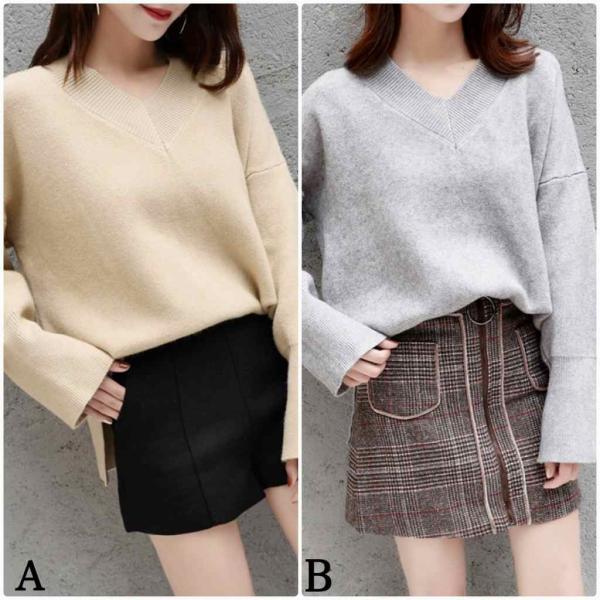 レディース　ニット　Vネック　セーター　長袖　プルオーバー　ゆったり　トップス　秋　冬　カジュアル　キュート　大人　可愛い　大人女子　フェミニン　おしゃれ　お出かけ　オフィス　デイリー　ホワイト　ベージュ　ブラウン　グレー　フリーサイズ　送料無料