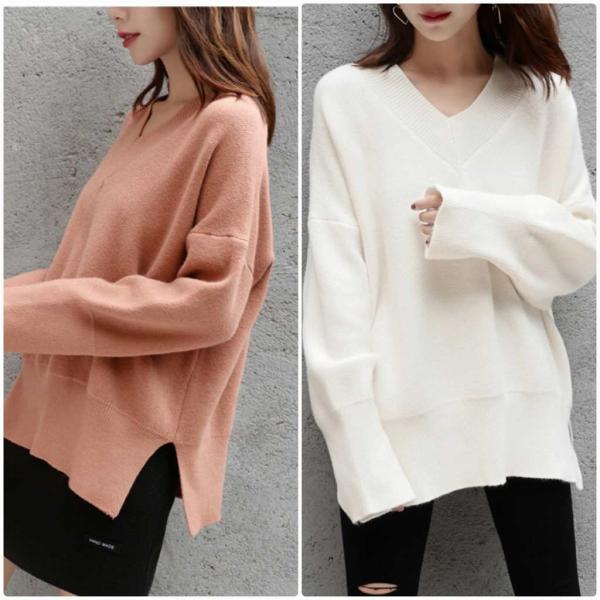 レディース　ニット　Vネック　セーター　長袖　プルオーバー　ゆったり　トップス　秋　冬　カジュアル　キュート　大人　可愛い　大人女子　フェミニン　おしゃれ　お出かけ　オフィス　デイリー　ホワイト　ベージュ　ブラウン　グレー　フリーサイズ　送料無料