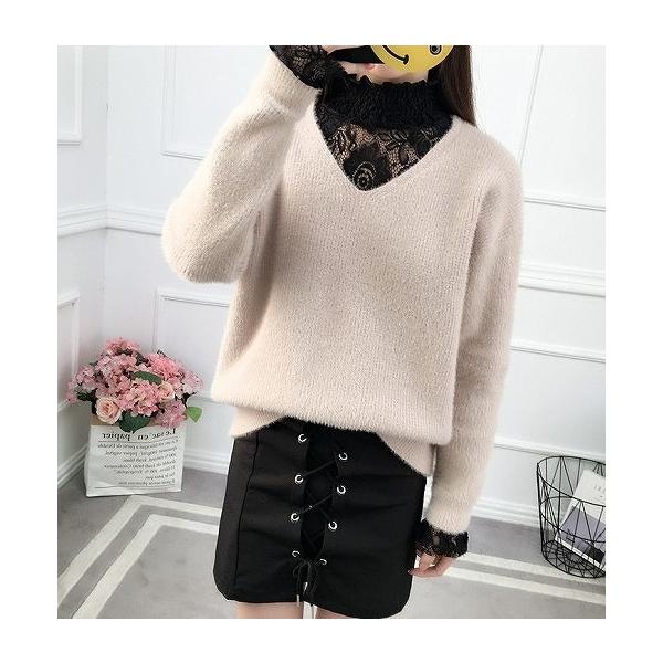 レディース　ニット　セーター　長袖　Vネック　レース　トップス　秋　冬　カジュアル　キュート　大人　可愛い　フェミニン　おしゃれ　お出かけ　オフィス　デイリー　普段着　ベージュ　ブラック　ホワイト　フリーサイズ　ワンサイズ　送料無料