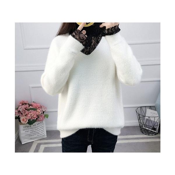 レディース　ニット　セーター　長袖　Vネック　レース　トップス　秋　冬　カジュアル　キュート　大人　可愛い　フェミニン　おしゃれ　お出かけ　オフィス　デイリー　普段着　ベージュ　ブラック　ホワイト　フリーサイズ　ワンサイズ　送料無料