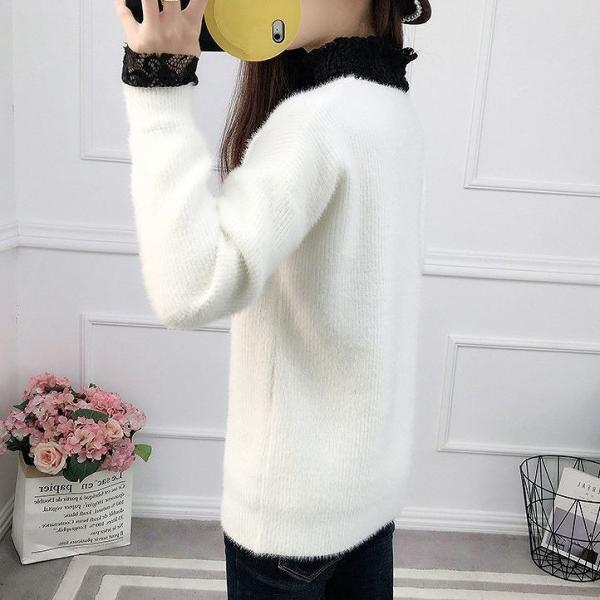 レディース　ニット　セーター　長袖　Vネック　レース　トップス　秋　冬　カジュアル　キュート　大人　可愛い　フェミニン　おしゃれ　お出かけ　オフィス　デイリー　普段着　ベージュ　ブラック　ホワイト　フリーサイズ　ワンサイズ　送料無料