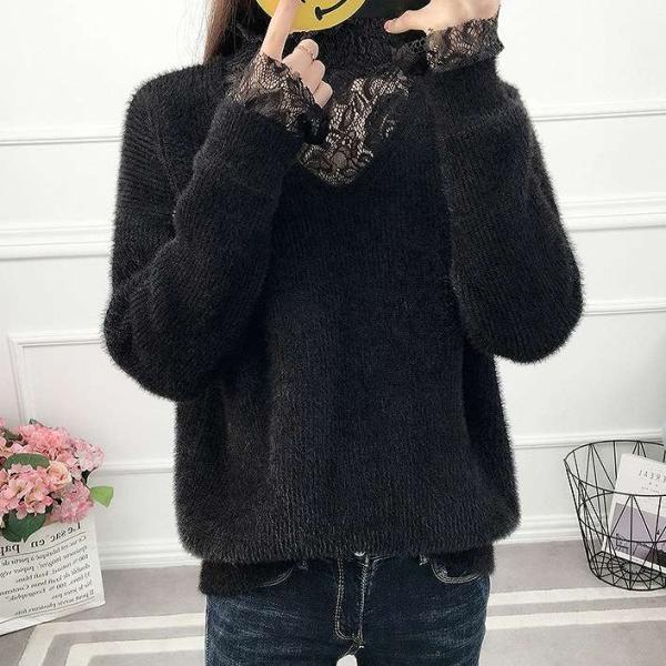 レディース　ニット　セーター　長袖　Vネック　レース　トップス　秋　冬　カジュアル　キュート　大人　可愛い　フェミニン　おしゃれ　お出かけ　オフィス　デイリー　普段着　ベージュ　ブラック　ホワイト　フリーサイズ　ワンサイズ　送料無料