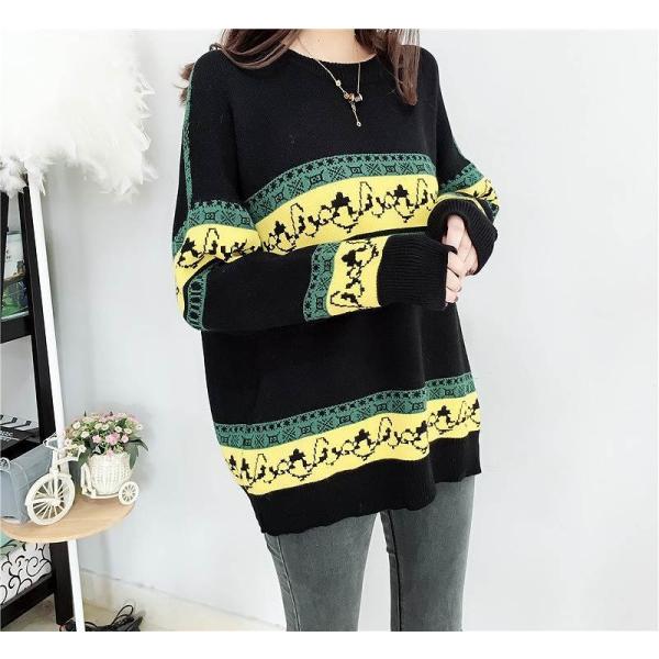 レディース　ニット　セーター　ボーダー　ゆったり　長袖　ラウンドネック　トップス　秋　冬　カジュアル　キュート　大人　可愛い　フェミニン　おしゃれ　お出かけ　オフィス　デイリー　普段着　グレー　ブラック　イエロー　フリーサイズ　ワンサイズ　送料無料