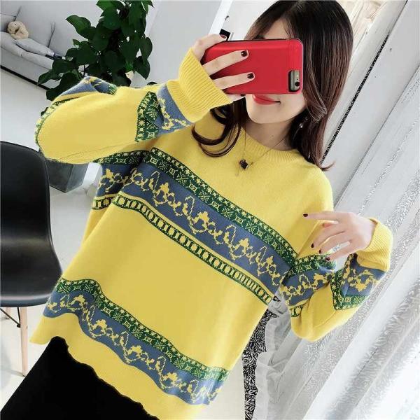 レディース　ニット　セーター　ボーダー　ゆったり　長袖　ラウンドネック　トップス　秋　冬　カジュアル　キュート　大人　可愛い　フェミニン　おしゃれ　お出かけ　オフィス　デイリー　普段着　グレー　ブラック　イエロー　フリーサイズ　ワンサイズ　送料無料