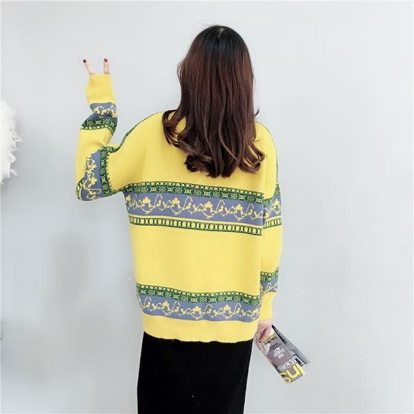 レディース　ニット　セーター　ボーダー　ゆったり　長袖　ラウンドネック　トップス　秋　冬　カジュアル　キュート　大人　可愛い　フェミニン　おしゃれ　お出かけ　オフィス　デイリー　普段着　グレー　ブラック　イエロー　フリーサイズ　ワンサイズ　送料無料