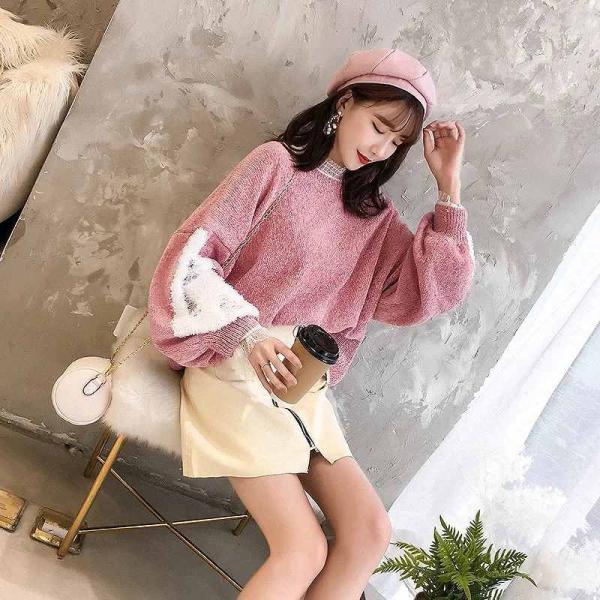 レディース　ニット　セーター　長袖　ラウンドネック　ゆったり　オーバーサイズ　トップス　秋　冬　カジュアル　キュート　大人　可愛い　フェミニン　おしゃれ　お出かけ　オフィス　デイリー　普段着　ピンク　ホワイト　フリーサイズ　ワンサイズ　送料無料