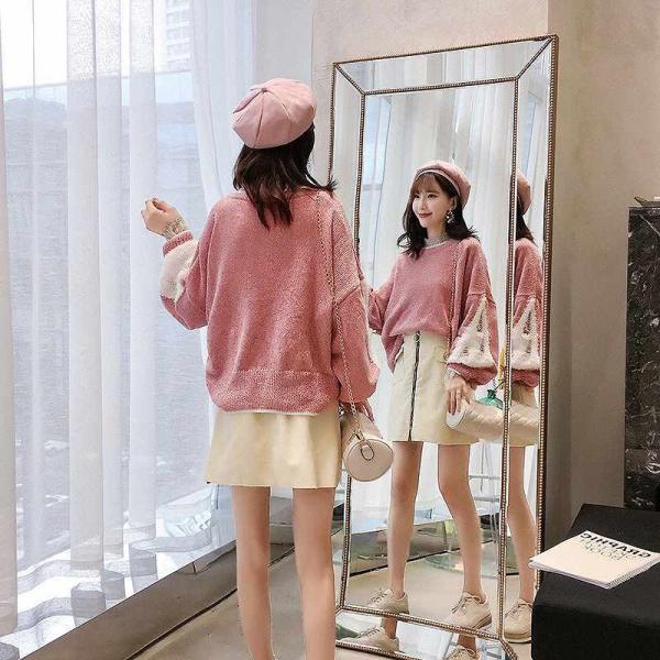 レディース　ニット　セーター　長袖　ラウンドネック　ゆったり　オーバーサイズ　トップス　秋　冬　カジュアル　キュート　大人　可愛い　フェミニン　おしゃれ　お出かけ　オフィス　デイリー　普段着　ピンク　ホワイト　フリーサイズ　ワンサイズ　送料無料