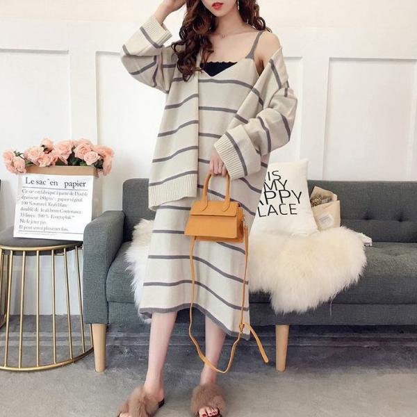 レディース　2点セット　ニットワンピース　ミモレ丈　カーディガン　セーター　ボーダー　トップス　ボトムス　カジュアル　キュート　可愛い　フェミニン　きれいめ　上品　エレガント　おしゃれ　お出かけ　デイリー　普段着　ベージュ　フリーサイズ　送料無料