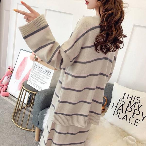 レディース　2点セット　ニットワンピース　ミモレ丈　カーディガン　セーター　ボーダー　トップス　ボトムス　カジュアル　キュート　可愛い　フェミニン　きれいめ　上品　エレガント　おしゃれ　お出かけ　デイリー　普段着　ベージュ　フリーサイズ　送料無料