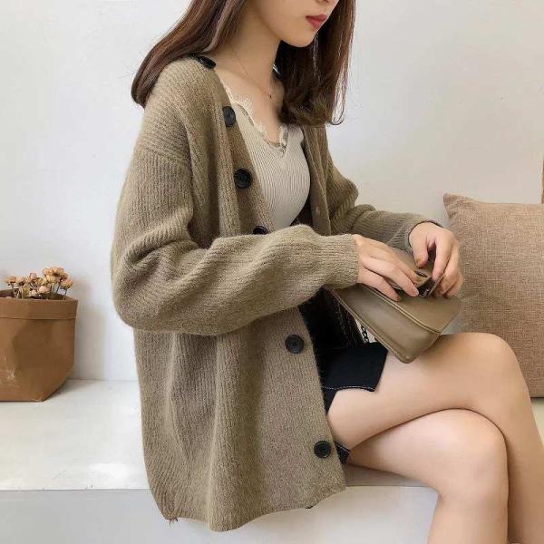 レディース　カーディガン　ニット　ボーダー　ゆったり　ジャケット　アウター　羽織　長袖　トップス　カジュアル　キュート　大人　可愛い　フェミニン　おしゃれ　お出かけ　オフィス　デイリー　普段着　カーキ　ベージュ　ブラック　パープル　フリーサイズ　送料無料