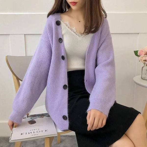 レディース　カーディガン　ニット　ボーダー　ゆったり　ジャケット　アウター　羽織　長袖　トップス　カジュアル　キュート　大人　可愛い　フェミニン　おしゃれ　お出かけ　オフィス　デイリー　普段着　カーキ　ベージュ　ブラック　パープル　フリーサイズ　送料無料