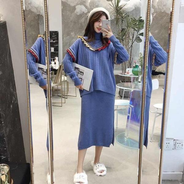 レディース　上下2点セット　セーター　ニットスカート　ミモレ丈　スリット　ハイウエスト　長袖　カジュアル　キュート　可愛い　フェミニン　きれいめ　上品　エレガント　おしゃれ　お出かけ　オフィス　お呼ばれ　ブルー　カーキ　フリーサイズ　送料無料