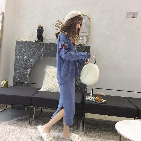 レディース　上下2点セット　セーター　ニットスカート　ミモレ丈　スリット　ハイウエスト　長袖　カジュアル　キュート　可愛い　フェミニン　きれいめ　上品　エレガント　おしゃれ　お出かけ　オフィス　お呼ばれ　ブルー　カーキ　フリーサイズ　送料無料