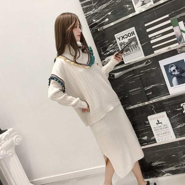 レディース　上下2点セット　セーター　ニットスカート　ミモレ丈　スリット　ハイウエスト　長袖　カジュアル　キュート　可愛い　フェミニン　きれいめ　上品　エレガント　おしゃれ　お出かけ　オフィス　お呼ばれ　ブルー　カーキ　フリーサイズ　送料無料