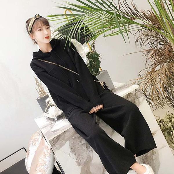 レディース　上下2点セット　ニット　パーカー　ワイドレッグパンツ　オーバーサイズ　長袖　カジュアル　キュート　可愛い　フェミニン　きれいめ　上品　エレガント　おしゃれ　お出かけ　オフィス　お呼ばれ　ブラック　ブルー　カーキ　フリーサイズ　送料無料