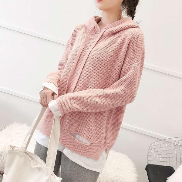 レディース　レイヤード風　フード付き　ニット　プルオーバー　セーター　長袖　ゆったり　オーバーサイズ　トップス　秋　冬　カジュアル　キュート　大人　可愛い　フェミニン　おしゃれ　お出かけ　オフィス　デイリー　普段着　ブルー　ピンク　フリーサイズ　送料無料