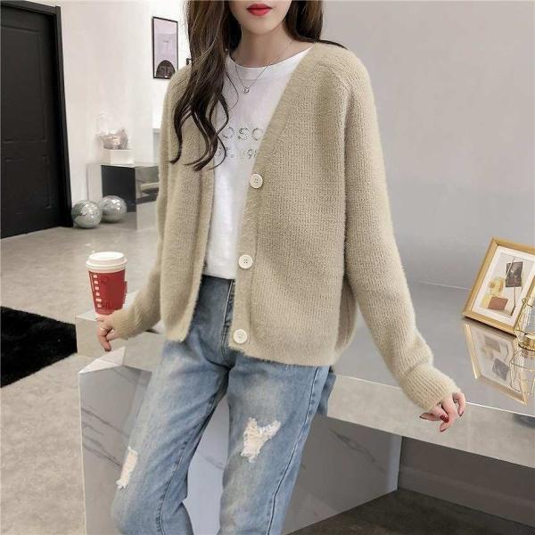レディース　カーディガン　ニット　シンプル　セーター　ジャケット　アウター　羽織　長袖　トップス　カジュアル　キュート　大人　可愛い　フェミニン　おしゃれ　お出かけ　オフィス　デイリー　普段着　ネイビー　ホワイト　カーキ　フリーサイズ　送料無料